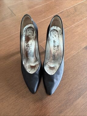 Charles Jourdan Black Satin Pointed Pumps